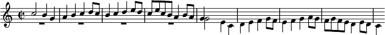 \relative c'' { \key c \major \time 2/2 <<
{ c2 b4 g | a b c d8 c | b4 c d e8 d | c e c b a4 b8 a | g4 } \\
{ R1*4 g2 e4 c | d e f g8 f | e4 f g a8 g | f g f e d4 e8 d | c4 } >> }