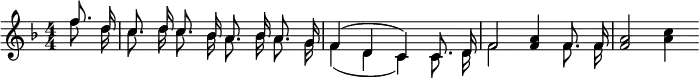 
    \relative c' { 
    \key f \major \time 4/4
    \numericTimeSignature
    \override Score.BarNumber #'break-visibility = #'#(#f #f #f)
    \set doubleSlurs = ##t
    \partial 4 << { \autoBeamOff f'8. d16
    c8. d16 c8. bes16 a8. bes16 a8. g16
    f4( d c) c8. d16
    f2 } \\
    { \autoBeamOff f'8. d16
    c8. d16 c8. bes16 a8. bes16 a8. g16
    f4( d c) c8. d16
    f2 }
    >>
    < f a >4 << { \autoBeamOff f8. f16 } \\ { \autoBeamOff f8. f16 } >>
    <f a>2 <a c>4
	}

