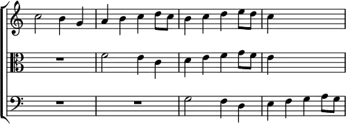 \new ChoirStaff << \override Score.TimeSignature #'stencil = ##f
\new Staff \relative c'' { \key c \major \time 2/2
c2 b4 g | a b c d8 c | b4 c d e8 d | c4 s2. }
\new Staff \relative f' { \clef alto \key c \major
R1 f2 e4 c | d e f g8 f | e4 s2. }
\new Staff \relative g { \clef bass \key c \major
R1*2 g2 f4 d | e f g a8 g } >>