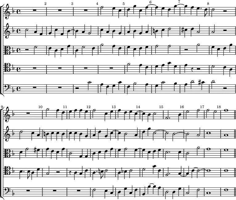 \new ChoirStaff << \override Score.Rest #'style = #'classical \override Score.BarNumber.break-visibility = ##(#f #t #t) \set Score.barNumberVisibility = #all-bar-numbers-visible
\new Staff \relative f'' { \key f \major \time 4/4 \bar ""
R1*3 f2 e4 c | d g c, f ~ | f e d g ~ | g f e4. d8 |
d2 r R1 | g2 f4 d | e f f e | f2 c4 e | f d e c ~ |
c bes c2 | f,2. bes4 | e2 f | f e | f1 \bar "||" }
\new Staff \relative c'' { \key f \major
c2 a4 f | g c f, bes ~ | bes a g2 | c4 a bes g | a bes g a |
b c d2 | cis4 d a2 | a r | d2 c4 a | b c c b | c c bes g |
a d g, c ~ | c bes2 a4 | d g c,2 ~ | c bes ~ | bes a c1 a }
\new Staff \relative f' { \clef alto \key f \major
r2 f | e4 c d g | c, f2 e4 | a2 g4 e | f d e f | g2 g |
r a | f4 d e a | d, g2 fis4 | g e d g | c,2 g4 g |
c d e g | f g2 f4 ~ | f d e f | d2. d4 c2 a' g1 f }
\new Staff \relative f' { \clef tenor \key f \major
R1*4 f2 e4 c | d e g d | e r r2 | d2 c4 a | bes4. bes8 a4 d |
g,2 r | r4 a g c | a4. b8 c2 | a4 bes! c2 | d g4 c, |
f,2. g4 ~ | g c ~ c2 ~ | c1 | c }
\new Staff \relative c' { \clef bass \key f \major
R1*2 r2 c | a4 f g c | f, bes2 a4 | g c2 bes4 | a d2 cis4 | d2 r |
R1*3 | f,2 e4 c | d g c, f | bes, bes' ~ bes a |
d,2 d4 g | c,2 f | c1 | f } >>