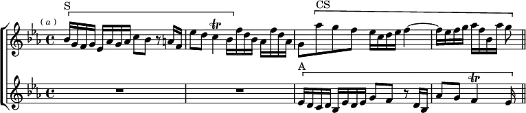  \new ChoirStaff << \override Score.BarNumber #'break-visibility = #'#(#f #f #f) \override Score.Rest #'style = #'classical
  \new Staff \relative b' { \key ees \major \time 4/4 \mark \markup \tiny { (\italic"a") }
    \[ bes16^"S" g f g ees aes g aes c8 bes r a16 f |
    ees'8 d c4\trill bes16[ \] f' d bes] aes f' d aes |
    g8[ \[ aes'^"CS" g f] ees16 c d ees f4 ~ |
    f16 ees f g aes f bes, aes' g8 \] \bar "||" }
  \new Staff \relative e' { \key ees \major R1*2
    \[ ees16^"A" d c d bes ees d ees g8 f r d16 bes |
    aes'8 g f4\trill ees16 \] s } >>