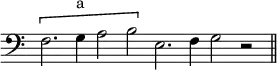 { \override Score.TimeSignature #'stencil = ##f \clef bass \cadenzaOn \[ f2. g4^"a" a2 b \] e2. f4 g2 r2 \bar "||" }