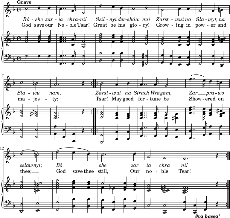 
\relative c'' {
  <<
    \new Voice = "anthem" {
      \key f \major
      \tempo Grave
      \repeat volta 2 { c2 d4 d
      c4.. a16 f2
      f' e4 d
      c2 d
      bes c4 c
      a2 a4 b
      c2 b
      a2. r4 }
      \repeat volta 2 { bes2 a4 bes
      a4.. a16 g2
      f'4..( e16) d4 cis
      d2( c!)
      f( e4 d)
      c2. d4
      a2 g
      f2. r4 }
    }
    \new Lyrics \lyricmode {
      \set associatedVoice = #"anthem"
      \override LyricText #'font-shape = #'italic
      Bò2 -- she4 zar -- ia4.. chra16 -- ni!2
      Ssil -- nyi4 der -- shâw2 nui 
      Zarst -- wui4 na Sla2 -- wyt,4 na Sla2 -- wu nam.1
      Zarst2 -- wui4 na Strach4.. Wra16 -- gam,2
      Zar2 __ pra4 -- wo sslaw2 -- nyi;
      Bò1 -- she2. zar4 -- ia2 chra -- ni!2.
    }
    \new Lyrics \lyricmode {
      \set associatedVoice = #"anthem"
      God2 save4 our No4.. -- ble16 Tsar!2
      Great2 be4 his glo2 -- ry!
      Grow2 -- ing4 in pow2 -- er4
      and ma2 -- jes -- ty;1
      Tsar!2 May4 good for4.. -- tune16 be2
      Show2 -- ered4 on thee;1 __
      God2 save4 thee still,2.
      Our4 no2 -- ble Tsar!2.
    }
    \new PianoStaff <<
      \new Staff {
        \key f \major
        \repeat volta 2 { <f a c>2 <f bes d>4 <f bes d>
        <f a c>4.. <c a'>16 <a f'>2
        <f' bes d f> <f c' e>4 <f bes d>
        <f a c>2 <d a' d>
        <d g bes> <c g' c>4 <c g' c>
        <c f a>2 <c f a>4 <f a b>
        <e a c>2 <e gis b>
        <c e a>2. r4 }
        \repeat volta 2 { <d g bes>2 <c f a>4 <c e g>
        << { <c f a>4.. <c f a>16 a'2 } \\ { s2 <c, f>4 <cis g'> } >>
        <a' d f>4.. <g bes e>16 <f a d>4 <e g a cis>
        <f a d>2 <c! g' bes c!>
        <f a c f> <f c' e>4 <f bes d>
        << { c'2 <d, f c'>4 <d g bes> } \\ { f ees } >>
        <c f a>2 <bes c e! g>
        <a c f>2. r4 }
      }
      \new Staff {
        \clef "bass"
        \key d \minor
        f2 f4 f
        <f f,>4.. <f f,>16 <f f,>2
        <bes bes,>2 <bes bes,>4 <bes bes,>
        <f f,>2 <fis fis,>
        <g g,>4 <f f,> <e e,> <e e,>
        <f f,>2 <f f,>4 <d d,>
        <e e,>2 <e e,>
        <a a,>4 <e e,> <a, a,> r4
        <g g,>2 <c c,>4 <c c,>
        <f, f'>4.. <f f'>16 <f f'>4 <e e'>
        <d d'>4.. <g g'>16 <a a'>4 <a a'>
        <d, d'>2 <e e'>
        <f f'>2 <bes bes'>4 <bes bes'>
        <a a'> <f f'> <bes bes'> <g g'>
        c2 <c c,>
        <f f,>4 <c c,> \ottava #-1 \set Staff.ottavation = #"8va bassa" <f, f,> r4
      }
    >>
  >>
}
