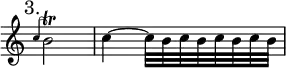 { \mark "3." \override Score.TimeSignature #'stencil = ##f \time 2/4 \relative b' {
\grace c4 b2\trill | c4 ~ c32 b c b c b c b } }