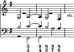 { \override Score.TimeSignature #'stencil = ##f << \new Staff { \time 2/2 \key g \major << { g2 a ~ a4 g2 fis4 s_\markup { \smaller etc. } } \\ { R1 R1 } >> }
\new Staff << \clef bass \key g \major << { b2 c' ~ c'4 b2 a4 s } \\ { r2 fis, g, a } >>
\figures { <_>2 <5 3> <9 4>4 <8 3> <9 7> <8 6> } >> >> }