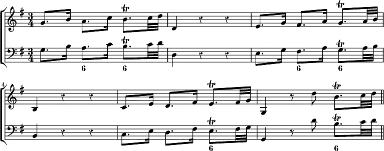 \new ChoirStaff << \override Score.Rest #'style = #'classical
\new Staff \relative g' { \time 3/4 \key g \major
g8. b16 a8. c16 b8.\trill c32 d | d,4 r r |
e8. g16 fis8. a16 g8.\trill a32 b | b,4 r r |
c8. e16 d8. fis16 e8.\trill fis32 g |
g,4 r8 d''8 b8.\trill c32 d \bar "||" }
\new Staff \relative g { \clef bass \key g \major
g8. b16 a8. c16 b8.\trill c32 d | d,4 r r |
e8. g16 fis8. a16 g8.\trill a32 b | b,4 r r |
c8. e16 d8. fis16 e8.\trill fis32 g |
g,4 r8 d''8 b8.\trill c32 d }
\figures { s4 <6> <6> s2. s4 <6> <6> s2. s2 <6>2. <6>4 } >>