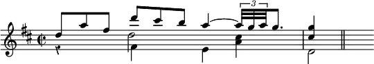 { \override Score.Rest #'style = #'classical \time 2/2 \key d \major \relative d'' { << { d8*2/3[ a' fis] d' cis b a4 ~ \times 2/3 { a32[ g a } g8.] | <g cis,>4 \bar "||" } \\ { r4 fis, e <a cis> | d,2 } \\ { } \\ { r4 d'2 } >> } }