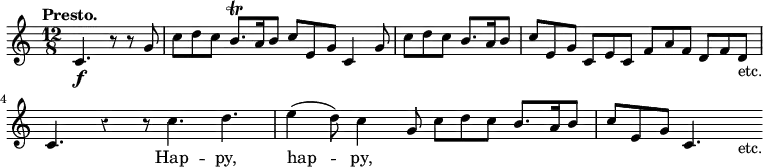 { \relative c' { \key c \major \time 12/8 \partial 2. \tempo "Presto." \override Score.Rest #'style = #'classical
c4.\f r8 r g' | c d c b8.\trill a16 b8 c e, g c,4 g'8 | %eol1
\partial 2. c d c b8. a16 b8 | c e, g c, e c f a f d f d_"etc."
c4. r4 r8 c'4. d | e4( d8) c4 g8 c d c b8. a16 b8 | %eol3
c e, g c,4. s_"etc." }
\addlyrics { _ _ _ _ _ _ _ _ _ _ _ _ _
_ _ _ _ _ _ _ _ _ _ _ _ _ _ _ _ _ _ _ Hap -- py, hap -- py, } }