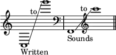 { \override Staff.TimeSignature #'stencil = ##f \time 2/1 c1_"Written"\glissando g'''^\markup { \halign #2.5 to } | \clef bass f,_"Sounds"\glissando \clef treble c'''^\markup { \halign #2.5 to } \bar "||" }