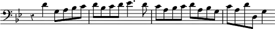 { \relative d' { \clef bass \time 4/4 \key bes \major \override Score.TimeSignature #'stencil = ##f \override Score.Rest #'style = #'classical
r4 d g,8 a bes c | d bes c d | ees4. d8 c a bes c | d a bes g c a d d, | g4 } }