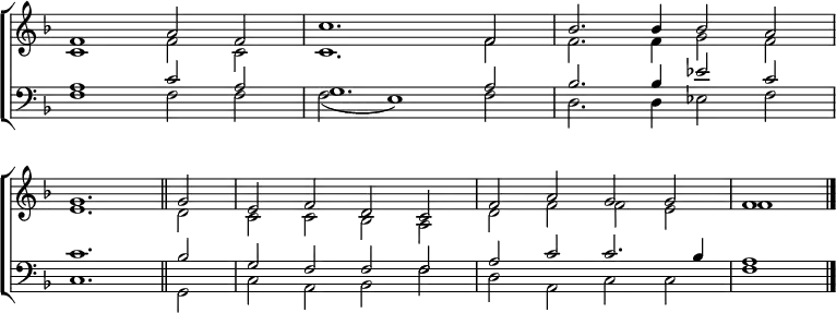 
\new ChoirStaff <<
  \new Staff { \clef treble \time 4/2 \key f \major \set Staff.midiInstrument = "church organ" \omit Staff.TimeSignature \set Score.tempoHideNote = ##t \override Score.BarNumber  #'transparent = ##t 
  \relative c'
  << { f1 a2 f | c'1. f,2 | bes2. bes4 bes2 a | \break
       g1. \bar"||" g2 | e f d c | f a g g | f1 \bar"|." } \\
  { c1 f2 c | c1. f2 | f2. f4 g2 f |
    e1. d2 | c c bes a | d f f e | f1 } >>
  } 
\new Staff { \clef bass \key f \major \set Staff.midiInstrument = "church organ" \omit Staff.TimeSignature \override Staff.NoteHead.style = #'altdefault
  \relative c'
  << { a1 c2 a | g1. a2 | bes2. bes4 es2 c |
       c1. bes2 | g f f f | a c c2. bes4 | a1 } \\
  { f1 f2 f | f( e1) f2 | d2. d4 es2 f |
    c1. g2 | c a bes f' | d a c c | f1 } >>
  } 
>>
\layout { indent = #0 }
\midi { \tempo 2 = 60 }
