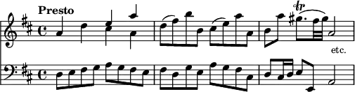 { \time 4/4 \key d \major \tempo "Presto" << \relative a' { a4 d << { e a } \\ { cis, a } >> | d8( fis) b b, cis( e) a a, | b a' gis8.\trill( fis32 gis) a,2_\markup { \null \lower #2 \smaller etc. } | }
\new Staff { \clef bass \key d \major \relative d { d8 e fis g a g fis e | fis d g e a g fis cis | d cis16 d e8 e, a2 | } } >> }
