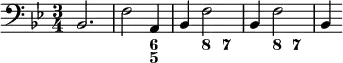 <<
\relative b, { \clef bass \key bes \major \time 3/4 bes2. | f'2 a,4 | bes f'2 | bes,4 f'2 | bes,4 }
\new FiguredBass { \figuremode { s2. s2 <6 5>4 s <8> <7> s <8> <7> } } >>