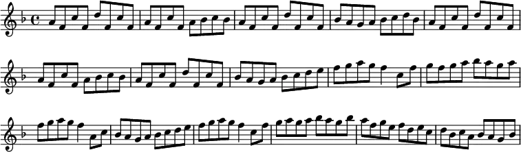 { \override Score.BarNumber #'break-visibility = #'#(#f #f #f) \key f \major \time 4/4 \relative a' {
a8 f c' f, d' f, c' f, | a f c' f, a bes c bes | %end line 1
a f c' f, d' f, c' f, | bes a g a bes c d bes | %end line 2
a f c' f, d' f, c' f, | a f c' f, a bes c bes | %end line 3
a f c' f, d' f, c' f, | bes a g a bes c d e | %end line 4
f g a g f4 c8 f | g f g a bes a g a | %end line 5
f g a g f4 a,8 c | bes a g a bes c d e | %end line 6
f g a g f4 c8 f | g a g a bes a g bes | %end line 7
a f g e f d e c | d bes c a bes a g bes } }
