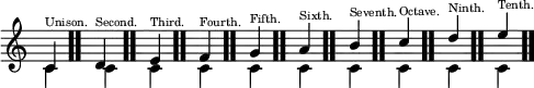 \new Staff \relative { \time 1/4 \override Score.TimeSignature #'stencil = ##f << { c'^\markup { \teeny Unison. } \bar ".." d^\markup { \teeny Second. } \bar ".." e^\markup { \teeny Third. } \bar ".." f^\markup { \teeny Fourth. } \bar ".." g^\markup { \teeny Fifth. } \bar ".." a^\markup { \teeny Sixth. } \bar ".." b^\markup { \teeny Seventh. } \bar ".." c^\markup { \teeny Octave. } \bar ".." d^\markup { \teeny Ninth. } \bar ".." e^\markup { \teeny Tenth. } \bar ".." } \\ { c, c c c c c c c c c } >> }