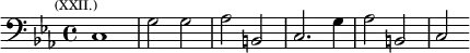 \relative c { \key c \minor \clef bass \time 4/4 \mark \markup \tiny { (XXII.) } c1 g'2 g | aes b, | c2. g'4 | aes2 b, | c }