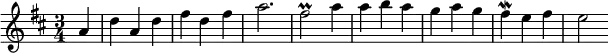{ \time 3/4 \key d \major \partial 4 \relative a' { a4 d a d fis d fis a2. fis2\prall a4 a b a g a g fis\mordent e fis e2 } }