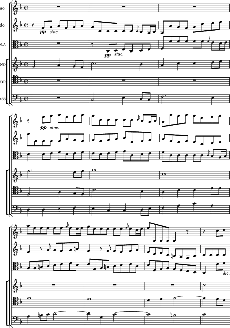 \new ChoirStaff <<
\new Staff \with { instrumentName = \markup { \caps "Violino" 1mo. } }
\relative f'' { \key f \major \time 4/4 \override Score.Rest #'style = #'classical \override Score.BarNumber #'break-visibility = #'#(#f #f #f)
R1*3 %end page
r4 f8\pp g_\markup \italic "stac." a f g a |
g c, c c c c \grace c bes a16 bes |
a8 a' g a g e f g %end line
a f f f f f \grace g f e16 f |
g8 e e e e e \grace f e d16 e |
f8 g,, g g g4 r | r c'8 d
}
\new Staff \with { instrumentName = \markup { \caps "Violino" 2do. } }
\relative f' { \key f \major
r4 f8\pp g_\markup \italic "stac." a f g a |
g c, c c c c \grace c bes a16 bes |
a8 a' g f g c d e | %end page
f8 f, f f f a g f | g f g a bes e, f g | a f e f e c d e %end line
f4 r8 a a g a b | g4 r8 g g f g a |
f d e c b a g b | c c c c
}
\new Staff \with { instrumentName = \markup \caps "Viola" }
\relative c { \key f \major \clef alto
R1 r4 c8\pp d_\markup \italic "stac." e c d e |
f f' f f f f \grace f e d16 e %end page
d4 d8 e f d e f | e d e f g c, d e | f c c c c c \grace c bes a16 bes %end line
a8 a b c d e f d | e g, a b c d e c |
d f, g a g f e d | c4 e'8 f_"&c."
}
\new ChoirStaff <<
\new Staff \with { instrumentName = \markup \caps "Soprano" }
\relative f' { \key f \major
f2 a4 g8 f | c'2. bes4 | a c c d8 e %end page
f2. e8 f | g1 c, %end page
R1*3 c2
}
\new Staff \with { instrumentName = \markup \caps "Tenor" }
\relative f { \key f \major \clef tenor
R1*3 %end page
f2 a4 g8 f | c'2. bes4 | a c c e8 e %end line
f1 e d4 e f2 ~ | f4 e8 d
}
\new Staff \with { instrumentName = \markup \caps "Bass" }
\relative c { \clef bass \key f \major
R1 c2 e4 d8 c | f2. e4 %end page
d d r f | e c c d8 e | f4 a c a | %end line
a4 b8 c d2 ~ | d4 g, c2 ~ | c b | c
}
>>
>>