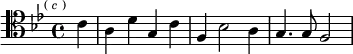 \relative c' { \clef tenor \key bes \major \time 4/4 \partial 4 \mark \markup \tiny { ( \italic c ) } c4 | a d g, c | f, bes2 a4 | g4. g8 f2 }