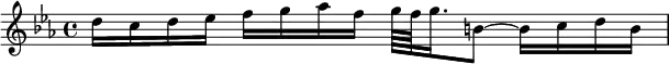 { \time 4/4 \key ees \major \relative d'' { d16 c d ees f g aes f g64 f g16. b,8 ~ b16 c d b } }