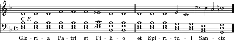<< <<
\new Staff { \clef treble \time 4/4 \key g \dorian \omit Staff.TimeSignature \accidentalStyle Score.forget \set Score.tempoHideNote = ##t \override Score.BarNumber #'transparent = ##t
\relative c' { \cadenzaOn
d1 d d f f f es d d \cadenzaOff \bar"||"
\cadenzaOn d d d e2 c1 c'2. bes4 a2 b1 \bar"||"
} }
\new Staff { \clef bass \key g \dorian
\relative c {
<d f bes>^\markup \italic "C. F." q q q q q <es g c> <bes f' bes> q
<d f bes> q q <c e a> q <a c f> <g d' g>
} }
\new Lyrics \lyricmode {
Glo1 -- ri -- a Pa -- tri et Fi -- li -- o
et Spi -- ri -- tu -- i San -- cto
}
>> >>
\midi { \tempo 1 = 70 }