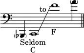 { \override Staff.TimeSignature #'stencil = ##f \cadenzaOn \clef bass \parenthesize bes,,4_"Seldom" c,1_"C"\glissando f'_"F"^\markup { \halign #2.5 to } \parenthesize a'4 \bar "||" }