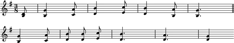 
    \relative c' {
    \key g \major \time 3/8
    \numericTimeSignature
    \override Score.BarNumber #'break-visibility = #'#(#f #f #f)
    \autoBeamOff
    \partial 8 <b d>8
    <b g'>4 <c a'>8
    <d b'>4 <e c'>8
    <d b'>4 <b a'>8
    <b g'>4. \bar "||" \break
    <b g'>4 <c a'>8
    <d b'>8 <d b'>8 <e c'>8 
    <d b'>4.
    <d a'>4.
    <d g>4
	}
