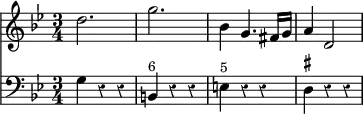 { \override Score.Rest #'style = #'classical \time 3/4 \key g \minor << \relative d'' { d2. | g | bes,4 g4. fis16 g | a4 d,2 | }
\new Staff { \clef bass \key g \minor \relative g { g4 r r | b,^\markup { \smaller 6 } r r | e^\markup { \smaller 5 } r r | d^\markup { \smaller \sharp } r r | } } >> }