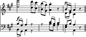{ \override Score.Rest #'style = #'classical \override Score.TimeSignature #'stencil = ##f \time 3/4 \key a \major << \relative e'' { <e e'>2 <d d'>8 <cis cis'> | <b b'>( <gis gis'>) <a a'>4-. r4 | << { b8^\p( gis) a4-. } \\ { d,8( e) cis4 } >> r \bar "||" }
\new Staff { \clef bass \key a \major << \relative b { b8^\f( gis) a4-. r | r d8( b) cis4-. | gis8 b a4 } \\ \relative b, { b8( gis) a4 r | s b'8 gis a4 | e a, } >> r } >> }