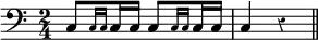 { \clef bass \time 2/4 \override Score.Rest #'style = #'classical
 c8[ \grace { c16 c } c c] c8[ \grace { c16 c } c c] | c4 r \bar "||" }