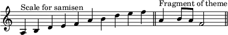 \new Voice \relative c' { \time 4/4 \override Score.TimeSignature #'stencil = ##f \cadenzaOn a4^\markup { "Scale for samisen" } b d e f a b d e f \cadenzaOff \bar "||" a,^\markup { "Fragment of theme" } b8 a f2 \bar "||" }