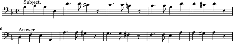 { \relative a { \clef bass \key d \minor \time 4/4 \override Score.Rest #'style = #'classical
a4^"Subject." bes a d, | d'4. d8 cis4 r | c4. c8 b4 r |
bes4. bes8 a4 d | d cis d r | \break
d,4^"Answer." f e a, | a'4. a8 gis4 r | g4. g8 fis4 r |
f4. f8 e4 a | a gis a r } }