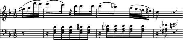 
custosNote =
  \tweak NoteHead.stencil #ly:text-interface::print
  \tweak NoteHead.text
     \markup \musicglyph "custodes.mensural.u0"
  \tweak Stem.stencil ##f
  \etc
\header { tagline = ##f }
\score {
<< \new Staff \relative f'' { \key f \major \time 3/8 \partial 8
  fis32( g e' d) | d8( c16) r32 bes bes16. bes32 |
  bes8([ aes)] g32( f ees dis) | c8 \custosNote c4*1/2 }
\new Staff \relative e { \clef bass \key f \major
 r8 | r16 <e g c>[ q q <e g cis> q] |
 r16 <f aes des>[ q q q q] |
 r <fis a! ees'> \custosNote <e d'! f>4*1/2 } >> }