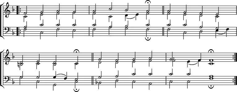 
\new ChoirStaff <<
  \new Staff { \clef treble \time 4/2 \key f \major \set Staff.midiInstrument = "church organ" \omit Staff.TimeSignature \set Score.tempoHideNote = ##t \override Score.BarNumber  #'transparent = ##t
  \relative c'
  << { \bar".|:" f2 g a g | a c bes a \fermata \bar"||" a g f e \break
       d e d c \fermata \bar"||" g' f g a | g2. f4 f1 \fermata \bar":|." } \\
  { c2 e f g | f c d4( e) f2 | f e d c |
    b c b c | d d e f | f e4( f) c1 } >>
  } 
\new Staff { \clef bass \key f \major \set Staff.midiInstrument = "church organ" \omit Staff.TimeSignature \override Staff.NoteHead.style = #'altdefault
  \relative c'
  << { a2 c c c | c a bes c | c c a g |
       g g g4( f) e2 | g a c c | c c a1 } \\
  { f2 c f e | f a g f \fermata | f c d e4( f) |
    g2 c, g c \fermata | bes! d c a | c c f1 \fermata } >>
  } 
>>
\layout { indent = #0 }
\midi { \tempo 2 = 50 }
