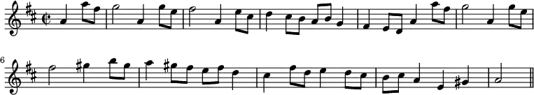 { \time 2/2 \key d \major \partial 2 \relative a' { a4 a'8 fis g2 a,4 g'8 e | fis2 a,4 e'8 cis | d4 cis8 b a b g4 fis e8 d a'4 a'8 fis | g2 a,4 g'8 e fis2 gis4 b8 gis | a4 gis8 fis e fis d4 | cis fis8 d e4 d8 cis | b cis a4 e gis | a2 \bar "||" } }