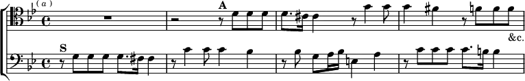 \new ChoirStaff <<
\new Staff \relative d' { \clef tenor \key g \minor \time 4/4 \mark \markup \tiny { ( \italic a ) } R1
r2 r8^\markup \bold "A" d d d | d8. cis16 cis4 r8 g'4 g8 |
g4 fis r8 f f f_"&c." }
\new Staff \relative g { \clef bass \key g \minor
r8^\markup \bold "S" g g g g8. fis16 fis4 |
r8 c'4 c8 c4 bes | r8 bes g a16 bes e,4 a |
r8 c c c c8. b16 b4 } >>