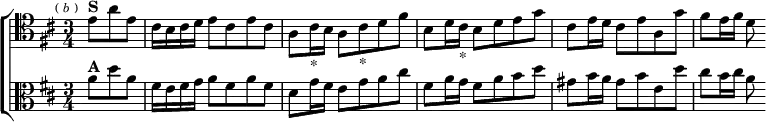 \new ChoirStaff << \override Score.BarNumber #'break-visibility = #'#(#f #f #f)
\new Staff \relative e' { \clef tenor \key b \minor \time 3/4 \partial 4. \mark \markup \tiny { (\italic "b") }
e8^\markup \bold "S" a e | cis16 b cis d e8 cis e cis |
a cis16_"*" b a8 cis_"*" d fis | b, d16 cis_"*" b8 d e g |
cis, e16 d cis8 e a, g' | fis e16 fis d8 }
\new Staff \relative a' { \clef alto \key b \minor
a8^\markup \bold "A" d a | fis16 e fis g a8 fis a fis |
d g16 fis e8 g a cis | fis, a16 g fis8 a b d |
gis, b16 a gis8 b e, d' | cis b16 cis a8 } >>