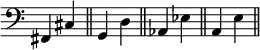 { \override Score.TimeSignature #'stencil = ##f \time 2/4 \set Timing.defaultBarType = "||" \clef bass fis, cis g, d aes, ees a, e }