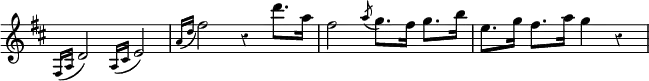 { \relative f { \override Score.TimeSignature #'stencil = ##f \key d \major \override Score.Rest #'style = #'classical
  \appoggiatura { fis16 a } d2 \appoggiatura { a16 cis } e2 |
  \appoggiatura { a16 d } fis2 r4 d'8. a16 |
  fis2 \acciaccatura a8 g8. fis16 g8. b16 |
  e,8. g16 fis8. a16 g4 r | } }