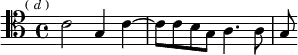 \relative c' { \clef tenor \key c \major \time 4/4 \mark \markup \tiny { ( \italic d ) }
c2 g4 c ~ | c8 c b g a4. a8 | g }