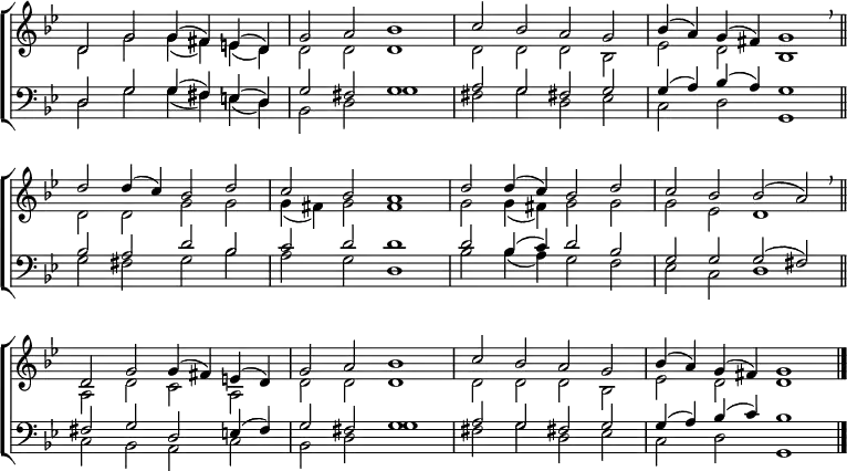 
\new ChoirStaff <<
  \new Staff { \clef treble \time 4/2 \key g \minor \set Staff.midiInstrument = "church organ" \omit Staff.TimeSignature \set Score.tempoHideNote = ##t \override Score.BarNumber  #'transparent = ##t 
  \relative c'
  << { d2 g g4( fis) e( d) | g2 a bes1 | c2 bes a g | bes4( a) g( fis) g1 \breathe \bar"||" \break
       d'2 d4( c) bes2 d | c bes a1 | d2 d4( c) bes2 d | c bes bes( a) \breathe \bar"||" \break
       d, g g4( fis) e( d) | g2 a bes1 | c2 bes a g | bes4( a) g( fis) g1 \bar"|." } \\
  { d2 g g4( fis) e( d) | d2 d d1 | d2 d d bes | es d bes1 |
    d2 d g g | g4( fis) g2 fis1 | g2 g4( fis) g2 g | g es  d1 |
    a2 d c a | d d d1 | d2 d d bes | es d d1 } >>
  } 
\new Staff { \clef bass \key g \minor \set Staff.midiInstrument = "church organ" \omit Staff.TimeSignature \override Staff.NoteHead.style = #'altdefault
  \relative c
  << { d2 g g4( fis) e( d) | g2 fis g1 | a2 g fis! g | g4( a) bes( a) g1 |
       bes2 a d bes | c d d1 | d2 bes4( c) d2 bes | g g g( fis) |
       fis g d e4( fis) | g2 fis g1 | a2 g fis! g | g4( a) bes( c) bes1 } \\
  { d,2 g g4( fis) e( d) | bes2 d g1 | fis2 g d es | c d g,1 |
    g'2 fis g bes | a g d1 | bes'2 bes4( a) g2 f | es c d1 |
    c2 bes a c | bes d g1 | fis2 g d es | c d g,1 } >>
  } 
>>
\layout { indent = #0 }
\midi { \tempo 2 = 66 }
