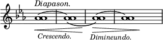{ \override Score.TimeSignature #'stencil = ##f \time 4/4 \key ees \major \slurUp <aes' aes'>1(\<^\markup { \italic Diapason. } | q)\(_\markup { \halign #0.5 \italic \smaller Crescendo. } | q\)\!(\> | q)_\markup { \halign #0.5 \italic \smaller Dimineundo. } \bar "" s16\! \bar "|" }
