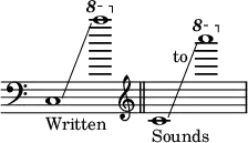 { \clef bass \time 2/1 \override Score.TimeSignature #'stencil = ##f c1_"Written"\glissando \ottava #1 c'''' \ottava #0 \bar "||" \clef treble c'_"Sounds"\glissando \ottava #1 c'''''^\markup { \halign #2.5 to } }