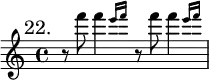 { \mark "22." \time 4/4 \relative f''' {
r8 f \afterGrace f4 { e16 f } r8 f \afterGrace f4 { e16 f } } }