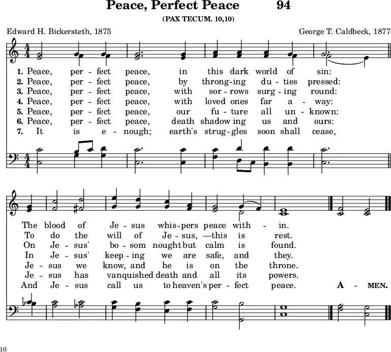 \version "2.16.2" 
\header { tagline = ##f title = \markup { "Peace, Perfect Peace" "         " "94" } subsubtitle = "(PAX TECUM. 10,10)" composer = "George T. Caldbeck, 1877" poet = "Edward H. Bickersteth, 1875" }

\score { <<  \new Staff \with {midiInstrument = #"choir aahs"} \relative g' { \key c \major \numericTimeSignature \time 4/4
  <g e>2 << { g4 g } \\ { f4 f } >> | <g e>2. q4 | <a f> q q << { g4 } \\ { f } >> |
  << { g2. } \\ { f2_( e4) } >> \bar "||" \break
  <g e> | <c f,>2 <d fis,> | \stemUp <e g,>4 <d g,> <c g> <a f>  \stemNeutral |
  <g e>2 << { g4( f) } \\ { d2 } >> <e c>1 \bar "|." <f c>2 <e c> \bar ".." \break}

\new Lyrics \lyricmode { 
\set stanza = #"1."   
⁠Peace,2 per4 -- fect4 peace,2. in4 this4 dark4 world4 of4 sin:2.
The4 blood2 of2 Je4 -- sus4 whis4 -- pers4 peace2 with2 -- in.
}

\new Lyrics \lyricmode { 
\set stanza = #"2."   
⁠Peace,2 per4 -- fect4 peace,2. by4 throng4 -- ing4 du4 -- ties4 pressed:2.
To4 do2 the2 will4 of4 Je4 -- sus,4 —this2 is rest.
}

\new Lyrics \lyricmode { 
\set stanza = #"3."   
Peace,2 per4 -- fect4 peace,2. with4 sor4 -- rows4 surg4 -- ing4 round:2.
On4 Je2 -- sus'2 bo4 -- som4 nought4 but4 calm2 is2 found.
}

\new Lyrics \lyricmode { 
\set stanza = #"4."   
Peace,2 per4 -- fect4 peace,2. with4 loved4 ones4 far4 a4 -- way:2.
In4 Je2 -- sus'2 keep4 -- ing4 we4 are4 safe,2 and2 they.
}

\new Lyrics \lyricmode { 
\set stanza = #"5."   
⁠Peace,2 per4 -- fect4 peace,2. our4 fu4 -- ture4 all4 un4 -- known:2.
Je4 -- sus2 we2 know,4 and4 he4 is4 on2 the2 throne.
}

\new Lyrics \lyricmode { 
\set stanza = #"6."   
⁠Peace,2 per4 -- fect4 peace,2. death4 shadow4ing4 us4 and4 ours:2.
Je4 -- sus2 has2 van4 -- quished4 death4 and4 all2 its2 powers.
}

\new Lyrics \lyricmode { 
\set stanza = #"7."   
⁠It2 is4 e4 -- nough;2. earth's4 strug4 -- gles4 soon4 shall4 cease,2.
And4 Je2 -- sus2 call4 us4 to4 heaven's4 per2 -- fect2 peace.1 \markup {\bold \smallCaps A}2. -- \markup{\bold \smallCaps men.}2.
}

\new Staff \with {midiInstrument = #"church organ"} \relative c { \clef bass \numericTimeSignature \key c \major
  <c c'>2 << { b'8[ c] } \\ { g4 } >> <g d'>4 |
  <c, c'>2. q4 | <f c'> << { d' } \\ { d,8 c } >> <b d'>4 q | <c c'>2.
  << { c'4 } \\ { bes } >> | <a c>2 <aes c> | <g c>4 <f b> <e c'> <f c'> |
  <g c>2 <b g,> | <g c,>1 | <a f>2 <g c,> } >>
  
  
  
\layout { indent = #0 }
\midi { \tempo 4 = 100 } }