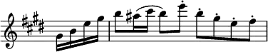 { \relative g' { \key e \major \time 4/4 \override Score.TimeSignature #'stencil = ##f \partial 4
gis16 b e gis | b8 ais16( cis b8) e-. b-. gis-. e-. fis-. } }