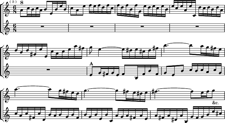 \new ChoirStaff << \override Score.BarNumber #'break-visibility = #'#(#f #f #f)
\new Staff \relative a' { \key a \minor \time 6/8 \mark \markup \tiny { ( \italic b ) }
a8^\markup \bold "S" c16 b c a b8 e,16 b' e b |
c8 a e' f16 e f d f c | f d f b, f' g, e' d e c e b |
e c e a, e' c, d' c d b d a | d b d gis, e' e, c' a c e a fis |
g8 e4 ~ e16 dis e cis dis fis | b4. ~ b8 a16 g fis e |
a4. ~ a8 g16 fis e d | g4. ~ g8 fis16 e dis e |
fis4. ~ fis8 e16 fis g8_"&c." }
\new Staff \relative e' { \key a \minor R2.*5
e8^\markup \bold "A" g16 fis g e fis8 b,16 fis' b fis |
g8 e b' c16 b c a c g | c a c fis, c' d, b' a b g b fis |
b g b e, b' c, a' g a fis a e |
a fis a dis, a' b, g' fis g b e cis } >>