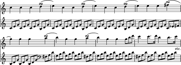 { << \new Staff \relative c'' { \override Score.TimeSignature #'stencil = ##f \override TupletNumber #'stencil = ##f \override Score.BarNumber #'break-visibility = #'#(#f #f #f)
  c4 c c d(\turn | e) c c d(\turn | %end line 1
  e) c c d(\turn | e) e e fis(\turn | %end line 2
  g) g g a(\turn | b) g g a(\turn | %end line 3
  b) g g \tuplet 3/2 { g8 b d } | c4 c8. d16 b4 b8. c16_"etc." }
\new Staff \relative c'{ \override TupletNumber #'stencil = ##f
 \tuplet 3/2 4 {
  \repeat unfold 3 { \repeat unfold 3 { c8 e g } b, d g } 
  \repeat unfold 3 { c, e g } c, ees fis | %end line 2
  \repeat unfold 3 { b, d g } \clef bass fis, a d |
  \repeat unfold 3 { g, b d } fis, a d | %end line 3
  \repeat unfold 4 { g, b d } |
  fis, a d fis, a d g, b d g, b d } } >> }