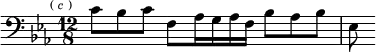 \relative c' { \clef bass \key ees \major \time 12/8 \partial 8*9 \mark \markup \tiny { ( \italic c ) } c8 bes c f, aes16 g aes f bes8 aes bes | ees, }