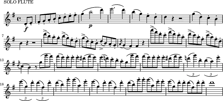 \header {
piece = "SOLO FLUTE"
}
\new Staff \with {midiInstrument = "flute"} \relative c'' {
\key g \major
\partial 4 d,8\staccato\f e\staccato
fis\staccato g\staccato a\staccato b\staccato c\staccato d\staccato e\staccato fis\staccato
g4( b2\p d4)
e2.( d4)
b( g) e\staccato d\staccato
d r r2
g4( d) c\staccato b\staccato
b r r2
d'8(\accent b) a\staccato g\staccato b(\accent g) e\staccato d\staccato
g(\accent d) c\staccato b\staccato d(\accent b) a\staccato g\staccato
\acciaccatura {a8} g4( fis) fis r
a''8(\accent fis) d\staccato c\staccato fis(\accent d) c\staccato a\staccato
d(\accent c) a\staccato fis\staccato c'(\accent a) fis\staccato d\staccato
\acciaccatura {d8} c4( b) r8 g'( g' fis)
fis( e) e\staccato e\staccato e\staccato dis( fis e)
e( d!) c\staccato b\staccato a\staccato g( g' fis)
fis( e) e\staccato e\staccato e\staccato dis( fis e)
\override TupletBracket.tuplet-slur = ##t
\tuplet 3/2 2 {d!4( g) b,\staccato b( a) e'\staccato}
\tuplet 3/2 2 {e( g,) d'\staccato d( fis,) d'\staccato}
\omit TupletNumber \omit TupletBracket
\tuplet 3/2 2 {d( b) g'\staccato g( a,) e'\staccato}
\tuplet 3/2 2 {e( g,) d'\staccato d( fis,) d'\staccato}
d8( b) g'\staccato g\staccato g( a,) e'\staccato e\staccato
e( g,) d'\staccato d\staccato d( fis,) d'\staccato d\staccato
d1
}